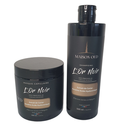 Kit Soin Profond MAISON OUD L'Or Noir : Shampoing & Masque Caviar, Kératine & Acide Hyaluronique (2x 500ml)