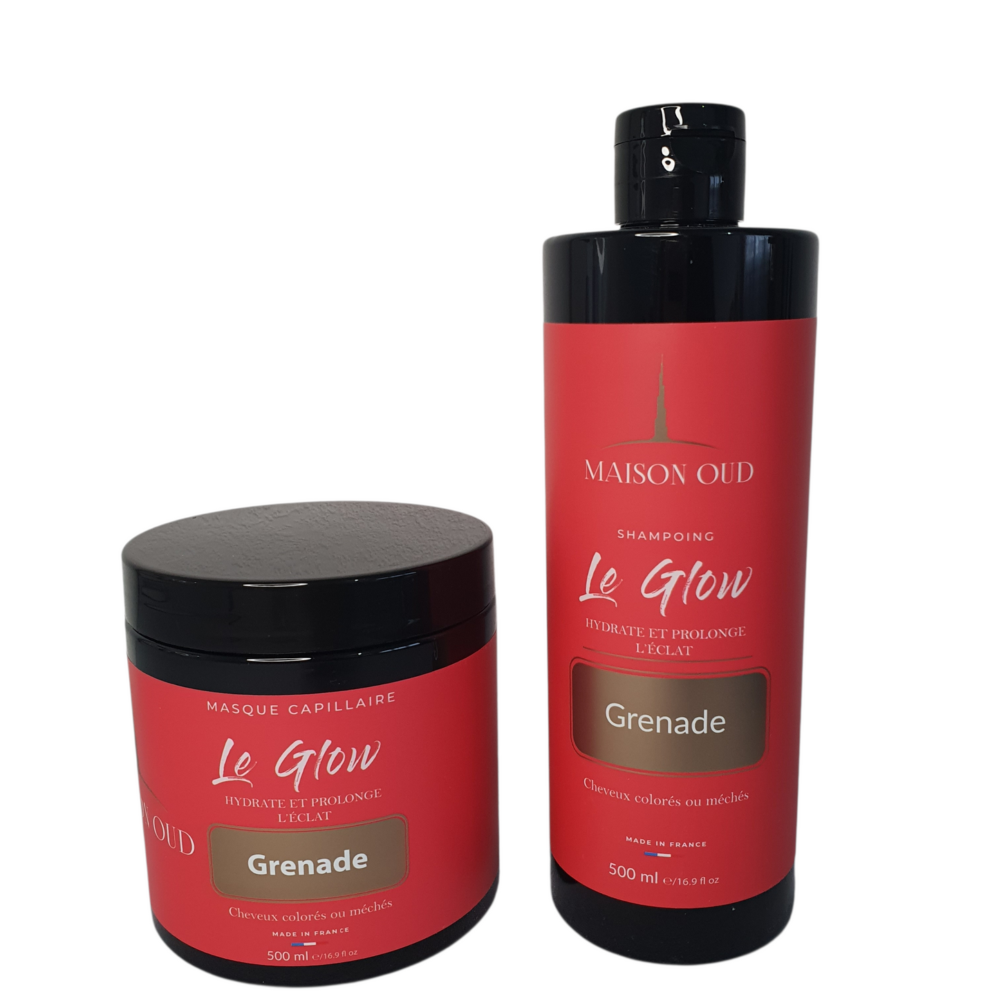 Kit MAISON OUD Le Glow Grenade : Shampoing & Masque Hydratant Prolongateur d'Éclat pour Cheveux Colorés (2x 500ml)